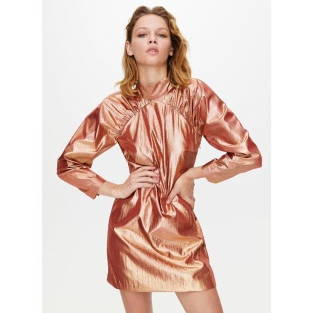 Aritzia Little Moon Sangria Metallic Puff Sleeve Mini Dress in Copper